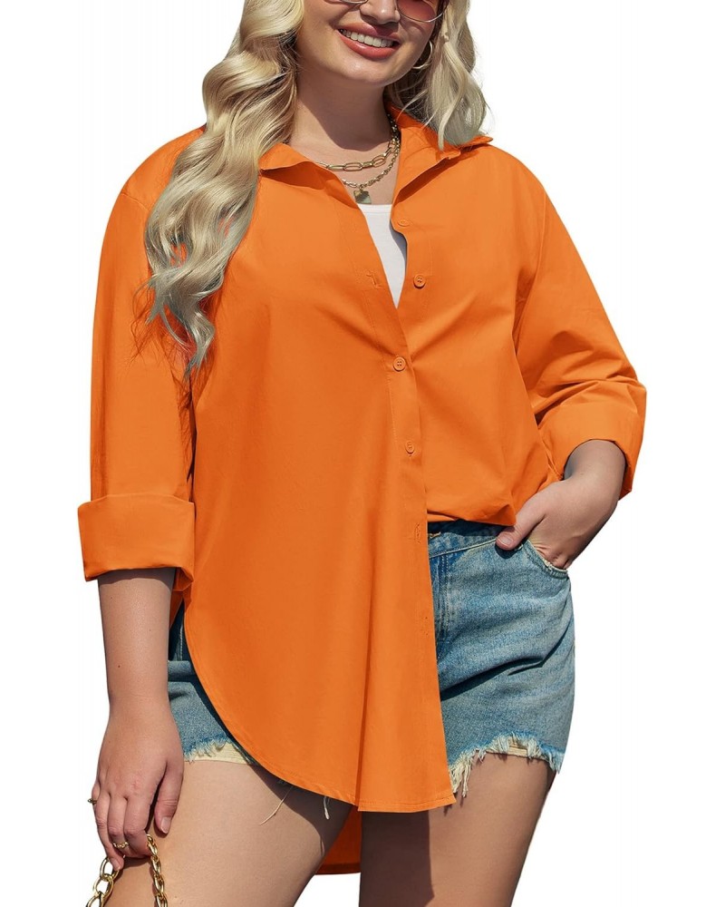 Plus Size Womens Cotton Shirts Casual Long Sleeve Button Down Blouses Tops Orange $22.26 Blouses