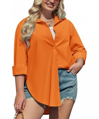 Plus Size Womens Cotton Shirts Casual Long Sleeve Button Down Blouses Tops Orange $22.26 Blouses