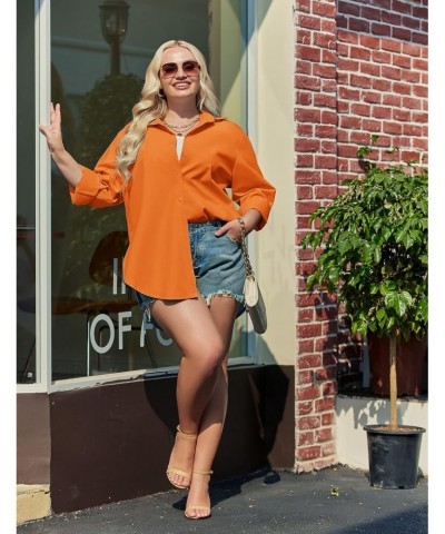 Plus Size Womens Cotton Shirts Casual Long Sleeve Button Down Blouses Tops Orange $22.26 Blouses