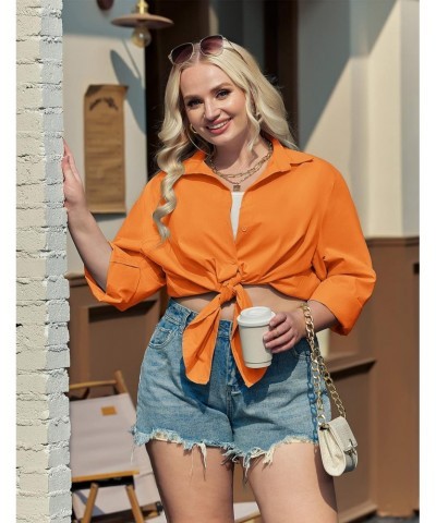 Plus Size Womens Cotton Shirts Casual Long Sleeve Button Down Blouses Tops Orange $22.26 Blouses