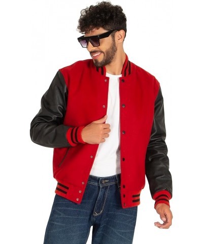 Varsity Letterman Jacket Wool & Genuine Leather Sleeves, Genuine Leather Varsity Jacket (16 Colours) Red Body, Black Sleeves ...