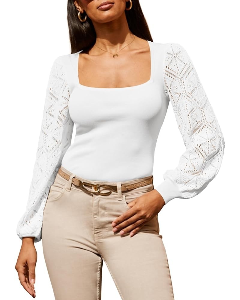 Womens Crochet Square Neck Sweaters Slim Fit Lantern Long Sleeve Pullover Sweater Sexy Fashion Knit Jumper White $9.89 Sweaters