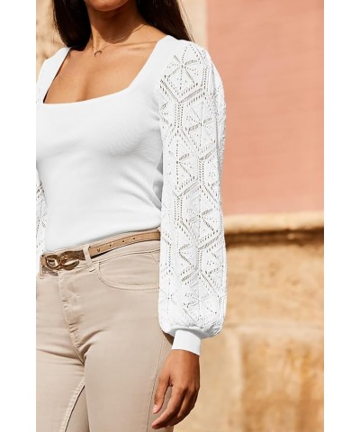 Womens Crochet Square Neck Sweaters Slim Fit Lantern Long Sleeve Pullover Sweater Sexy Fashion Knit Jumper White $9.89 Sweaters