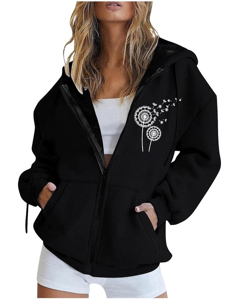 Full Zip Up Hoodie for Women Dandelion Printed Hooded Sweatshirts Long Sleeve Pockets Jacket Fashion Drawstring Coat Black $9...