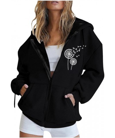 Full Zip Up Hoodie for Women Dandelion Printed Hooded Sweatshirts Long Sleeve Pockets Jacket Fashion Drawstring Coat Black $9...