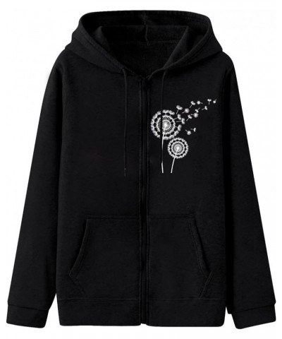 Full Zip Up Hoodie for Women Dandelion Printed Hooded Sweatshirts Long Sleeve Pockets Jacket Fashion Drawstring Coat Black $9...