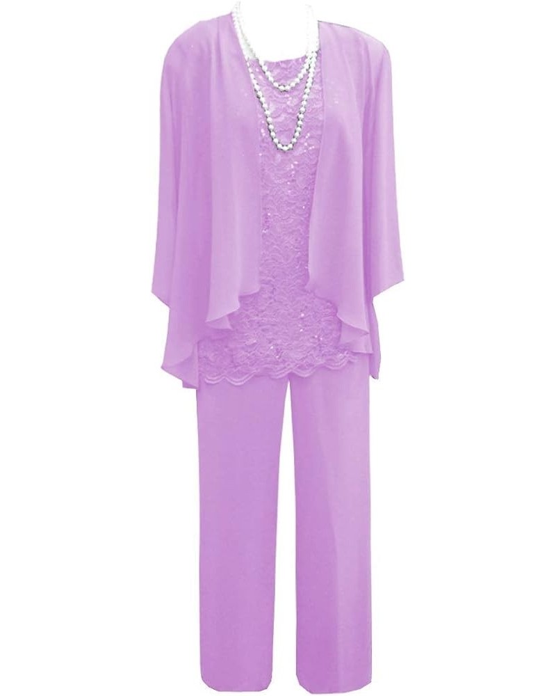 Mother of The Bride Pants Suits for Wedding Party Dresses 3 Pieces Chiffon Lace Mother of Groom Dresses with Jacket Lilac $38...