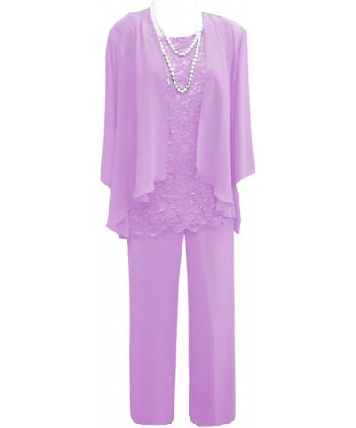 Mother of The Bride Pants Suits for Wedding Party Dresses 3 Pieces Chiffon Lace Mother of Groom Dresses with Jacket Lilac $38...