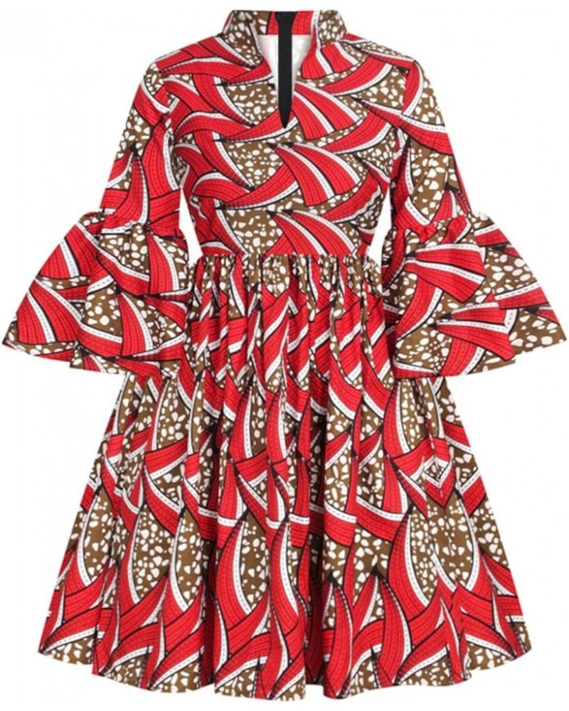 Womens African Ankara Print Maxi Dress Traditional Casual Outfits Attire Lotus Sleeve V Neck African Dresses Red $11.44 Dresses