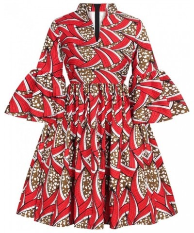 Womens African Ankara Print Maxi Dress Traditional Casual Outfits Attire Lotus Sleeve V Neck African Dresses Red $11.44 Dresses