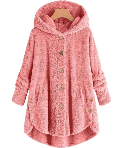 Fleece Jackets for Women Plus Size Button Plush Tops Hooded Patchwork Loose Cardigan Wool Coat Winter Jacket Outwear Q05pink ...