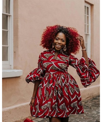 Womens African Ankara Print Maxi Dress Traditional Casual Outfits Attire Lotus Sleeve V Neck African Dresses Red $11.44 Dresses