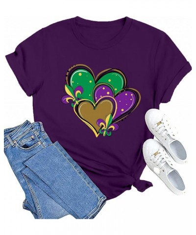 Happy Mardi Gras Shirt Womens Mardi Gras Day Heart Tshirt Tuesday Carnival Tee New Orleans Party Short Sleeve Purple $10.79 Tops