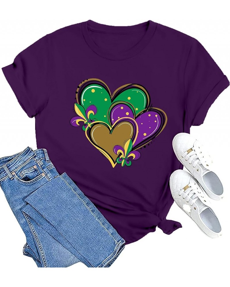 Happy Mardi Gras Shirt Womens Mardi Gras Day Heart Tshirt Tuesday Carnival Tee New Orleans Party Short Sleeve Purple $10.79 Tops