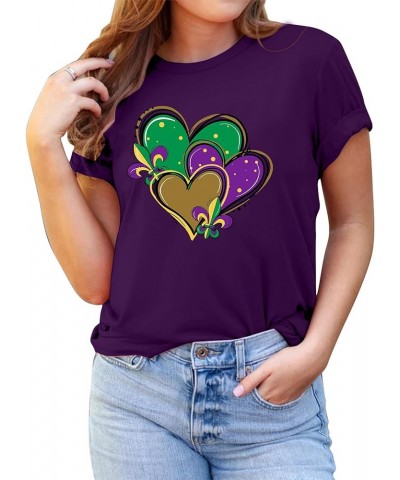 Happy Mardi Gras Shirt Womens Mardi Gras Day Heart Tshirt Tuesday Carnival Tee New Orleans Party Short Sleeve Purple $10.79 Tops