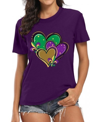 Happy Mardi Gras Shirt Womens Mardi Gras Day Heart Tshirt Tuesday Carnival Tee New Orleans Party Short Sleeve Purple $10.79 Tops