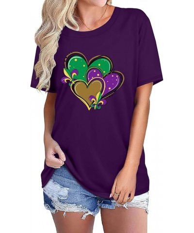 Happy Mardi Gras Shirt Womens Mardi Gras Day Heart Tshirt Tuesday Carnival Tee New Orleans Party Short Sleeve Purple $10.79 Tops