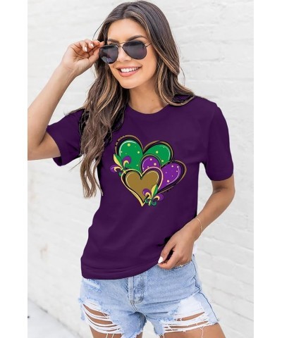 Happy Mardi Gras Shirt Womens Mardi Gras Day Heart Tshirt Tuesday Carnival Tee New Orleans Party Short Sleeve Purple $10.79 Tops