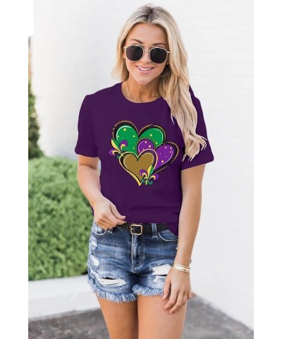 Happy Mardi Gras Shirt Womens Mardi Gras Day Heart Tshirt Tuesday Carnival Tee New Orleans Party Short Sleeve Purple $10.79 Tops