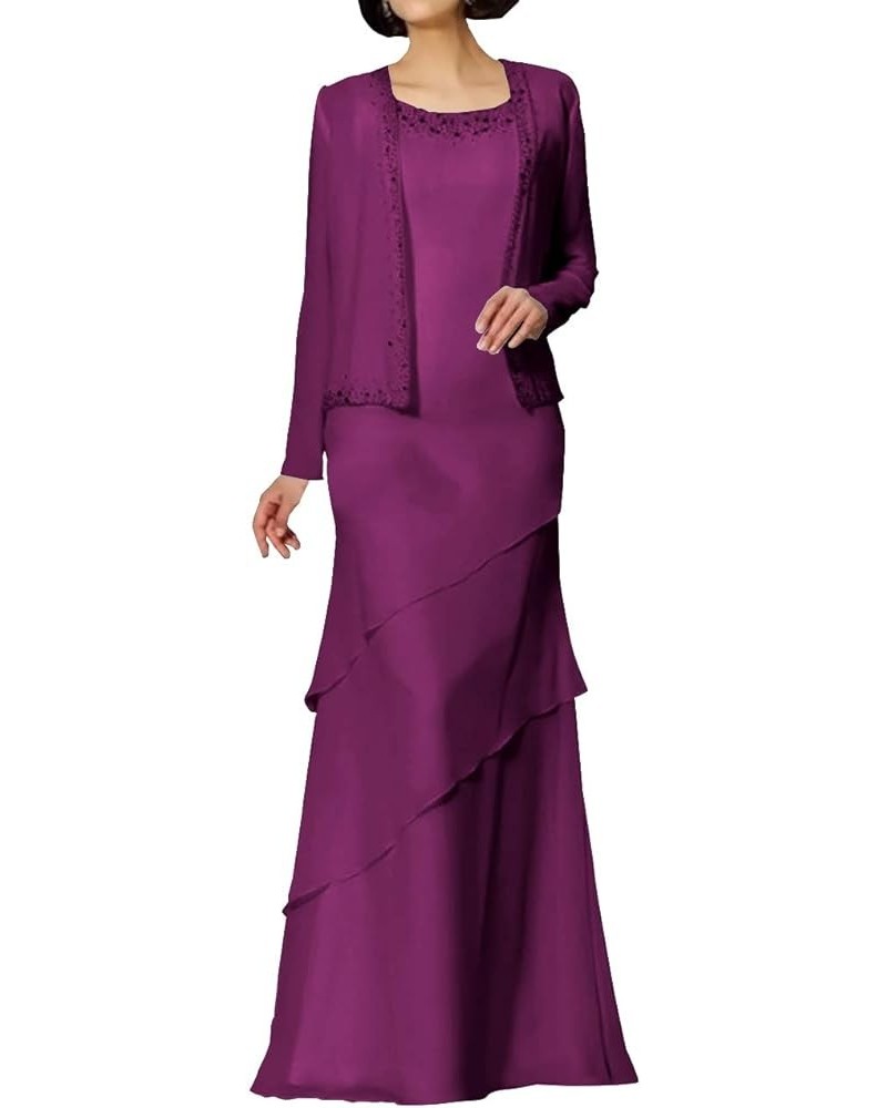 Mother of The Bride Dresses Long Evening Formal Gowns Chiffon Beaded Jacket Tiered Modest Wedding Guest Groom Women's Grape $...