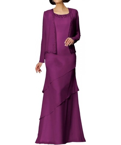 Mother of The Bride Dresses Long Evening Formal Gowns Chiffon Beaded Jacket Tiered Modest Wedding Guest Groom Women's Grape $...