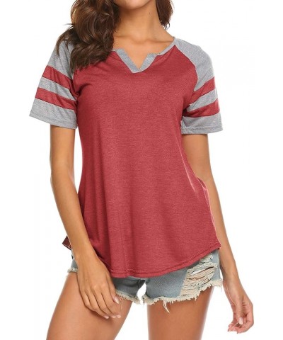 Women's Summer V Neck Raglan Short Sleeve Shirts Casual Blouses Baseball Tshirts Top 02 Wine Red $13.23 T-Shirts