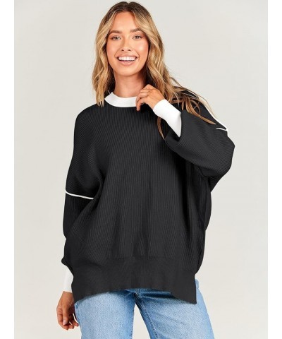 Oversized Sweaters for Women Fall 2023 Crewneck Batwing Long Sleeve Side Slit Knit Pullover Sweater Tops Jumper Black $19.20 ...