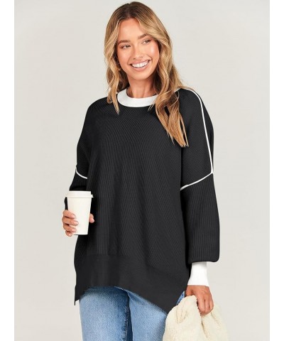 Oversized Sweaters for Women Fall 2023 Crewneck Batwing Long Sleeve Side Slit Knit Pullover Sweater Tops Jumper Black $19.20 ...