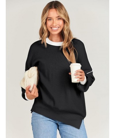 Oversized Sweaters for Women Fall 2023 Crewneck Batwing Long Sleeve Side Slit Knit Pullover Sweater Tops Jumper Black $19.20 ...