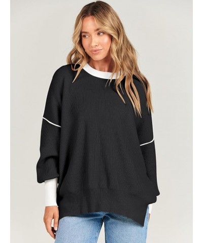 Oversized Sweaters for Women Fall 2023 Crewneck Batwing Long Sleeve Side Slit Knit Pullover Sweater Tops Jumper Black $19.20 ...