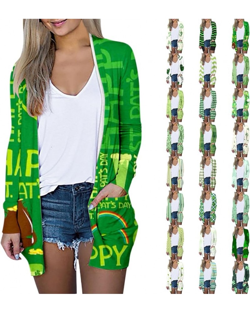 St. Patrick's Day Long Sleeve Cardigan for Women, Casual Shamrock Clover Print Irish Gift Open Front Cardigans Sweater Agreen...