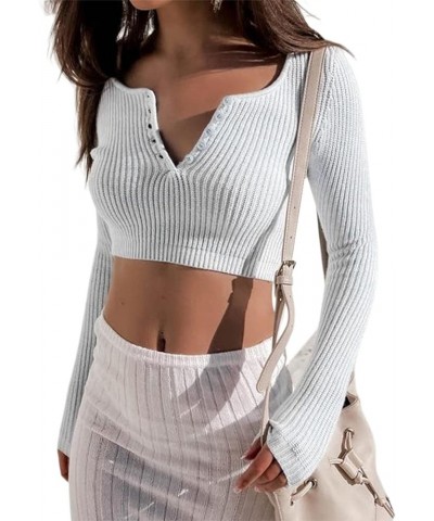 Women Basic Long Sleeve Crop Top Ribbed Knit Bodycon Fitted Crop Tees Casual Bottoming Shirt Blouse V Neck Button White $7.07...