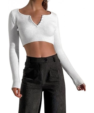 Women Basic Long Sleeve Crop Top Ribbed Knit Bodycon Fitted Crop Tees Casual Bottoming Shirt Blouse V Neck Button White $7.07...