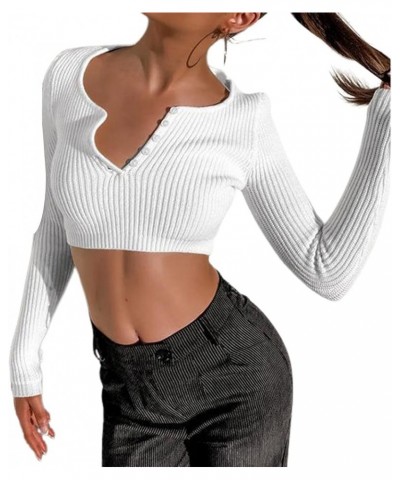 Women Basic Long Sleeve Crop Top Ribbed Knit Bodycon Fitted Crop Tees Casual Bottoming Shirt Blouse V Neck Button White $7.07...