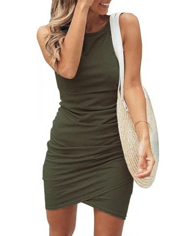 Womens 2023 Tank Dress Summer Sleeveless Tshirt Ruched Bodycon Mini Dress Army Green $15.03 Dresses