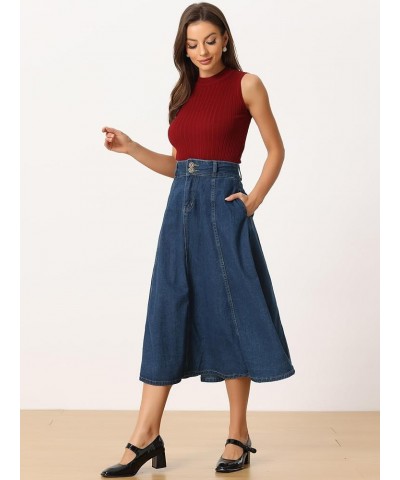 Women's Casual Denim Skirt High Waist A-Line Classic Long Jean Skirts Dark Blue $24.18 Skirts