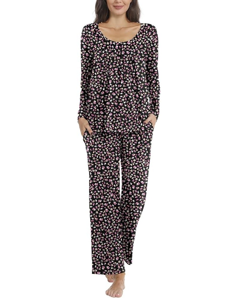 Women's Fall Pajama Sets, 2 Piece Lounge Sleepwear Ladies Pjs Sets with Pockets 09 Small Flowers-black $16.32 Sleep & Lounge