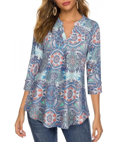 Women's Tops 3/4 Sleeve Casual V Neck Tunic Blouse Shirt Multi-blue $9.46 Tops