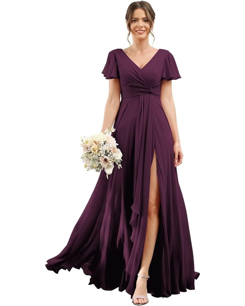 Bridesmaid Dresses for Women with Slit Long A Line Chiffon V Neck Sleeves Bridesmaid Dress for Wedding 2024 Plum $31.85 Dresses