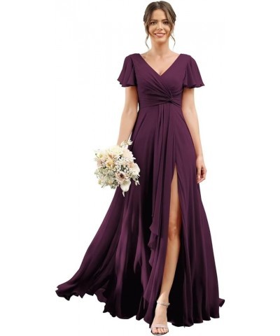 Bridesmaid Dresses for Women with Slit Long A Line Chiffon V Neck Sleeves Bridesmaid Dress for Wedding 2024 Plum $31.85 Dresses