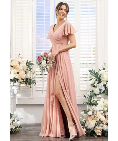 Bridesmaid Dresses for Women with Slit Long A Line Chiffon V Neck Sleeves Bridesmaid Dress for Wedding 2024 Plum $31.85 Dresses