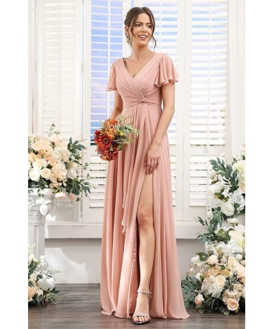 Bridesmaid Dresses for Women with Slit Long A Line Chiffon V Neck Sleeves Bridesmaid Dress for Wedding 2024 Plum $31.85 Dresses