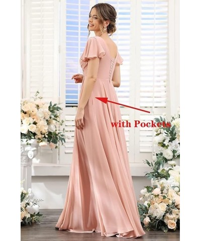 Bridesmaid Dresses for Women with Slit Long A Line Chiffon V Neck Sleeves Bridesmaid Dress for Wedding 2024 Plum $31.85 Dresses