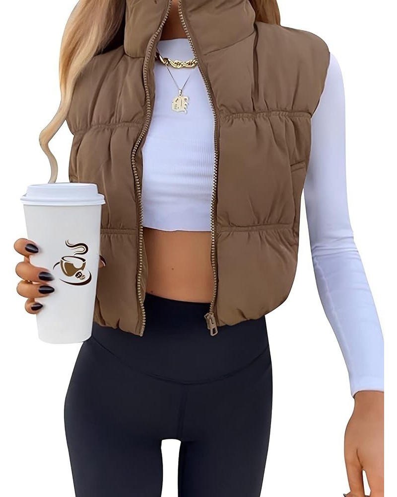 Women's Cropped Puffer Vest Zip Up Stand Collar Winter Lightweight Sleeveless Padded Coat Warm Jacket with Pockets Brown $11....