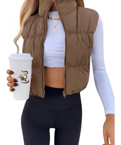 Women's Cropped Puffer Vest Zip Up Stand Collar Winter Lightweight Sleeveless Padded Coat Warm Jacket with Pockets Brown $11....