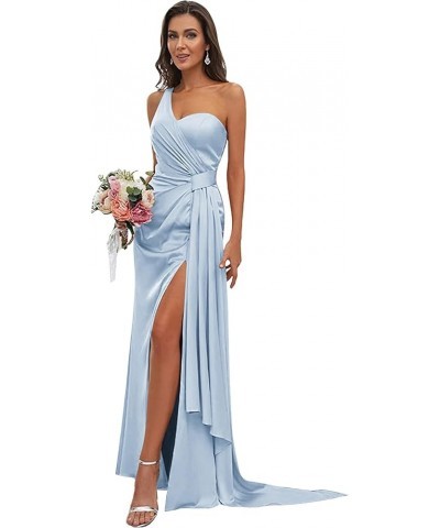 Women's One Shoulder Satin Bridesmaid Dresses with Slit Mermaid Formal Long Evening Party Gown Light Blue $40.00 Dresses