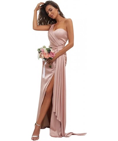 Women's One Shoulder Satin Bridesmaid Dresses with Slit Mermaid Formal Long Evening Party Gown Light Blue $40.00 Dresses