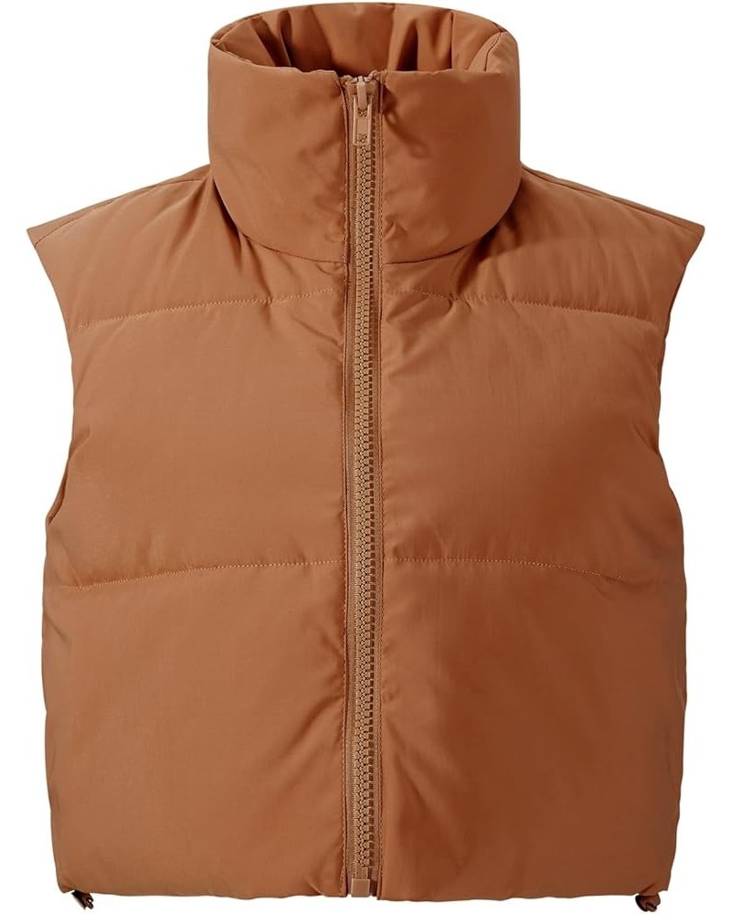 Women's Oversized Cropped Vest Lightweight Zip-Up Sleeveless Puffy Gilet High Stand Collar with Pockets Dark-brown $17.86 Vests