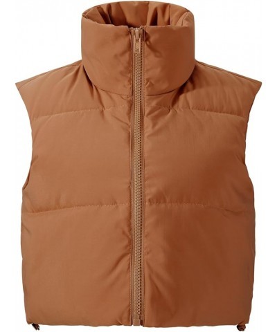 Women's Oversized Cropped Vest Lightweight Zip-Up Sleeveless Puffy Gilet High Stand Collar with Pockets Dark-brown $17.86 Vests