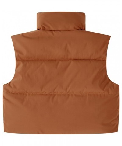 Women's Oversized Cropped Vest Lightweight Zip-Up Sleeveless Puffy Gilet High Stand Collar with Pockets Dark-brown $17.86 Vests